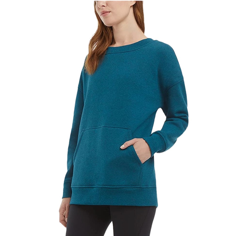 Danskin Ladies' Oversized Crewneck with Pocket, Light Heater Teal, S